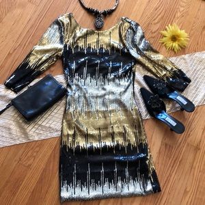 🌺 NEW! “As U Wish” Gold/Blk/Silver Sequin Dress S